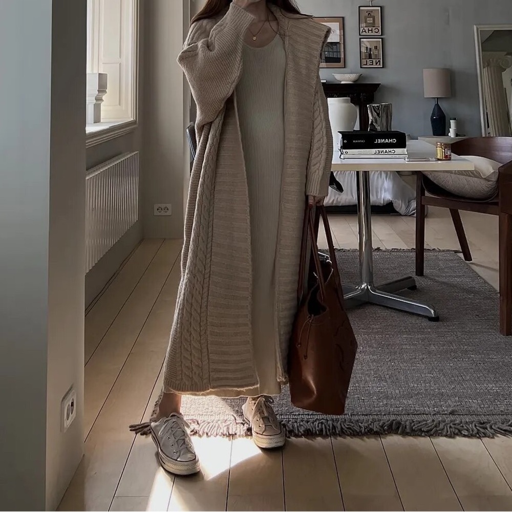 148. Maxi COST 🛑oversized Tan beige Cardigan Sweater Chunky Long Cable Duster - Picture 6 of 12
